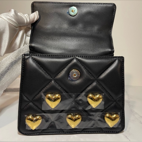NWT MOSCHINO HEART STUDS QUILTED LEATHER SHOULDER BAG BLACK - Picture 11 of 15